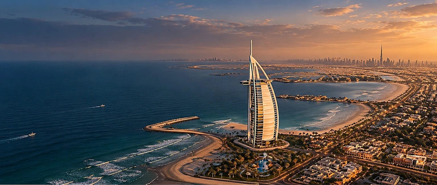 Burj Al Arab and the Jumeirah coastline from the air