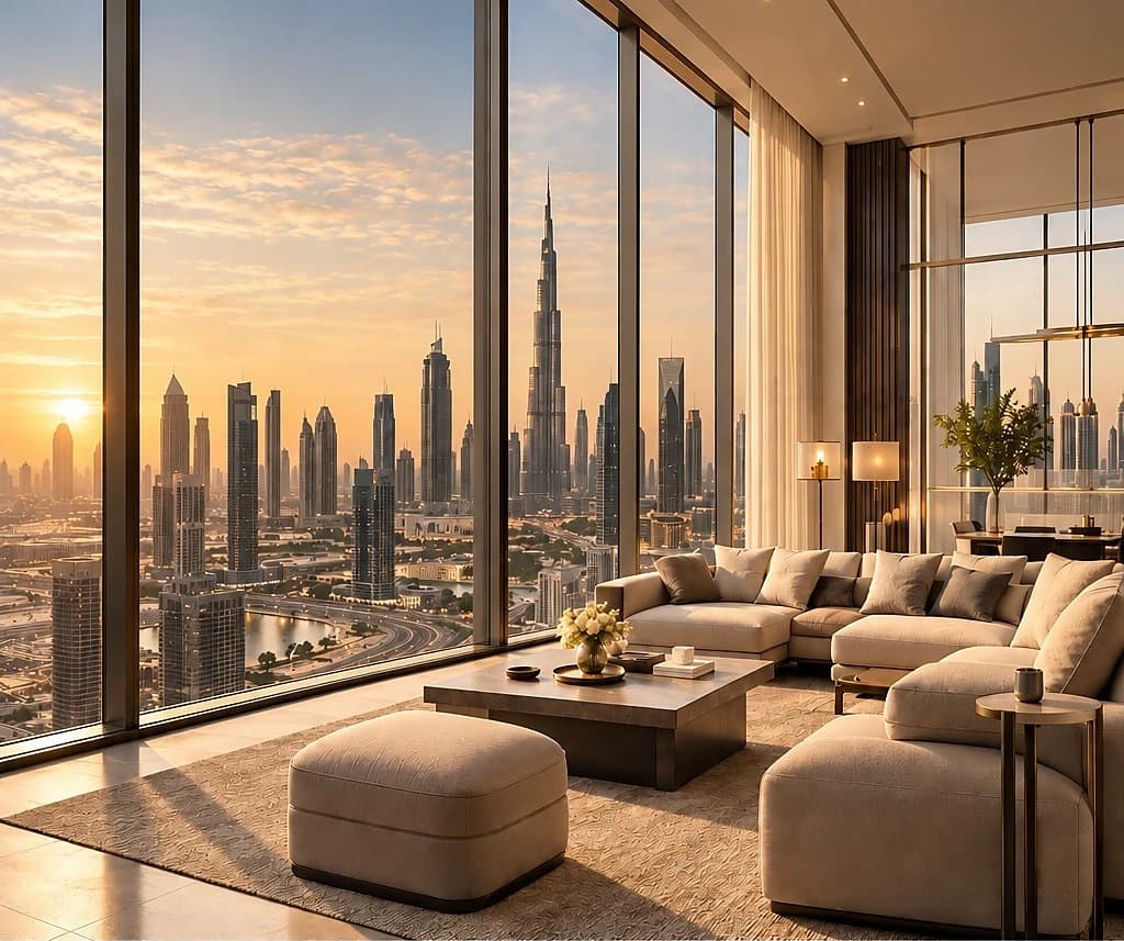 Living room overlooking the Dubai skyline at sunset