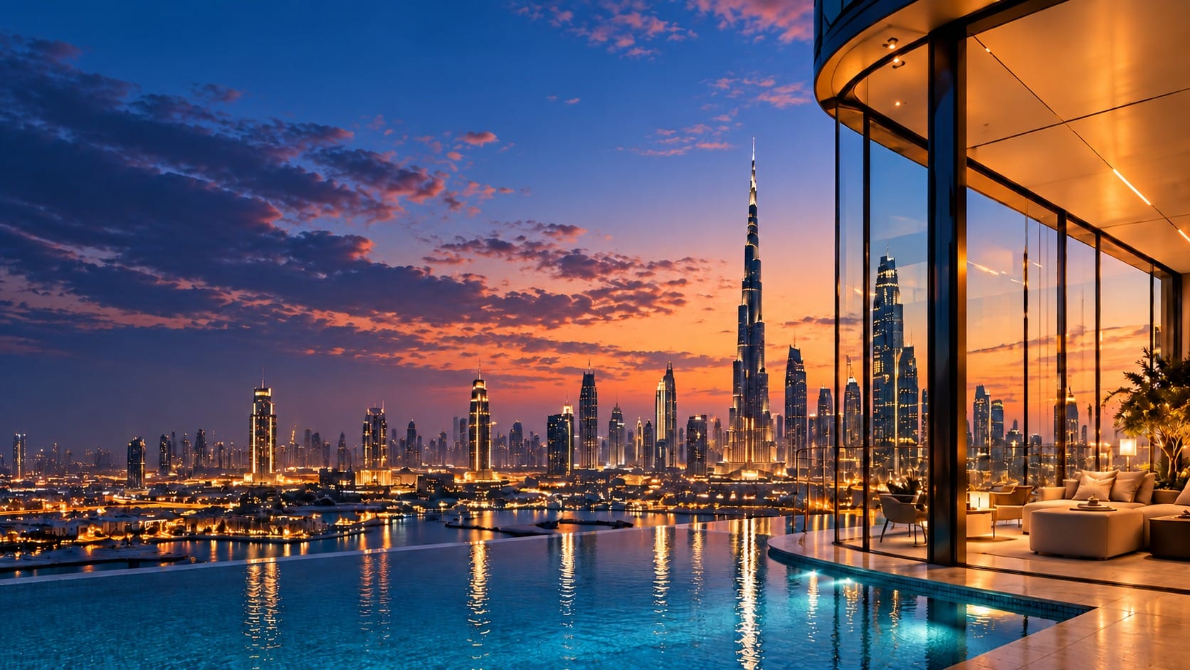 Dubai skyline at dusk from a waterfront residence